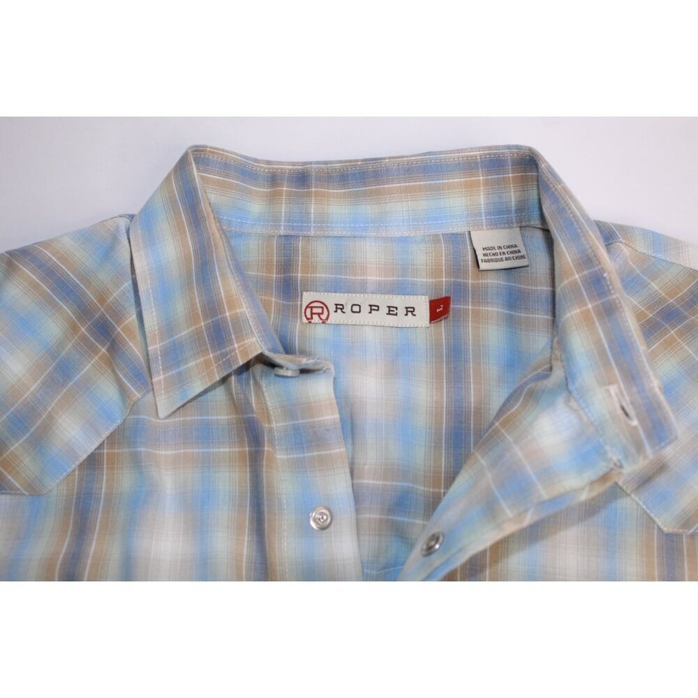 Roper Men's Cowboy Shirt L Blue Tan Plaid Western Pearl Snap Casual Fit Relaxed - Picture 6 of 15